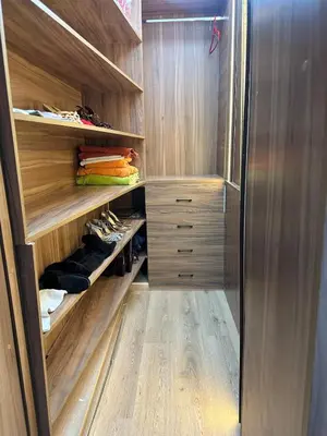 a walk in closet with wooden cabinets and shoes at Apartment in Casablanca Maarif in Casablanca