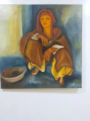 a painting of a woman sitting next to a cat at CASABLANCA BORD dE MER A 200 m DE LA PLAGE Appartement Haut de gamme 2 Chambres avec 2 Salles de bain Piscine Salle de Sport plage in Casablanca