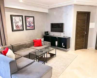 a living room with a couch and a tv at Stylish 1BR in Racine - Prime Racine Location in Casablanca