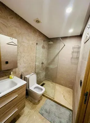 a bathroom with a toilet and a shower and a sink at appartement de luxe au rez de jardin avec piscine privative in Tamaris
