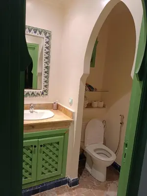 a bathroom with a toilet and a sink and a mirror at Green house in Sidi Yahia az Zaʼer