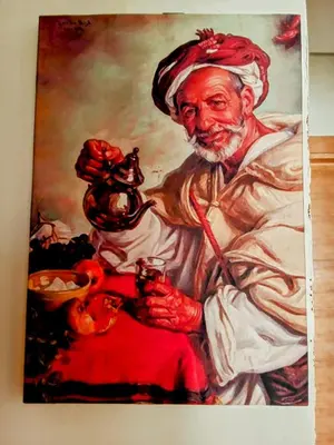 a painting of a man holding a pot at Apartment with terrace breathtaking ocean views in Rabat