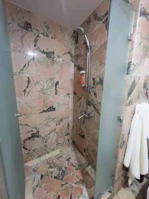 a shower in a bathroom with a tiled wall at Family Apartment à Jnane California Confort & Proximité in Casablanca