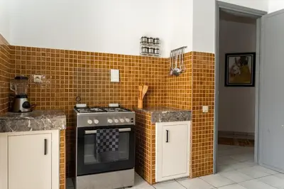 a kitchen with a stove and a brick wall at Spacious and colorful apartment close to MahajRiad in Rabat