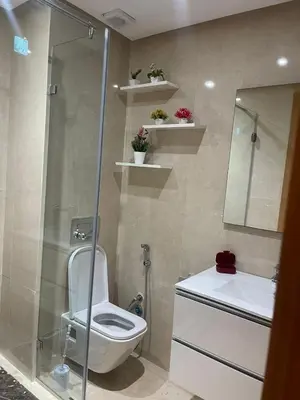 a bathroom with a shower and a toilet and a sink at Apartment in Manesman beach in Mohammedia