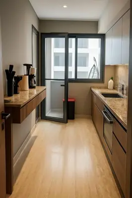 a kitchen with wooden counters and a large window at Margueri Luxe in Mohammedia