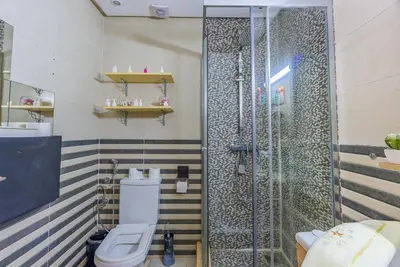 a bathroom with a toilet and a shower at Spacious luxury apartment with pool in Bouznika