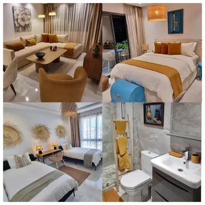 a collage of four pictures of a hotel room at downtown rabat luxury in Rabat
