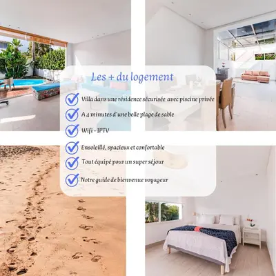 a collage of photos of a house with footprints in the sand at Villa Zen, piscine privée et plage in Casablanca