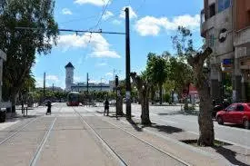 an empty city street with trees and a building at Appartement Familial Emile Zola in Casablanca