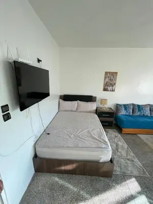 a bedroom with a bed and a flat screen tv at Cozy Studio in Diour Jammae in Rabat