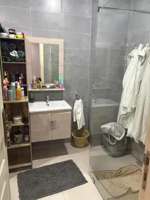 a bathroom with a shower and a sink and a mirror at Nice apartment with terrace overlooking pool in O Ben Slimane