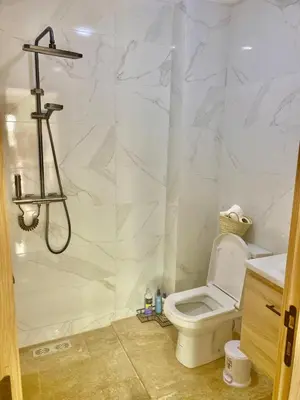 a bathroom with a shower and a toilet in it at Bright & Cozy Apartment in Casablanca