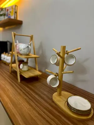 a counter top with a bunch of plates and glasses at Modern Studio Centre Casa belvédère Tramway & Train Station in Casablanca