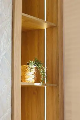 a wooden cabinet with a potted plant on it at Le Nour- 2 modern bedrooms Luxury and Comfort in Bouznika