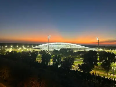 a view of a soccer stadium at night at Hay Riad Sunset Studio Stadium View , 5 mind a pied stade moulay abdelah in Rabat