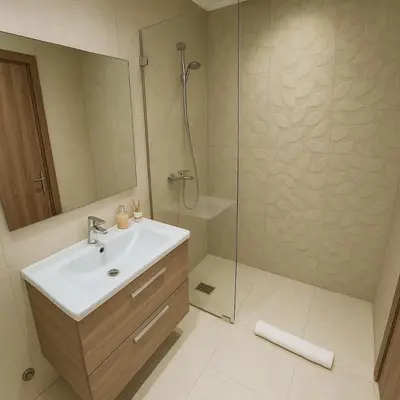 a bathroom with a sink and a shower at Cozy & Bright, Free Parking, Tram in Casablanca