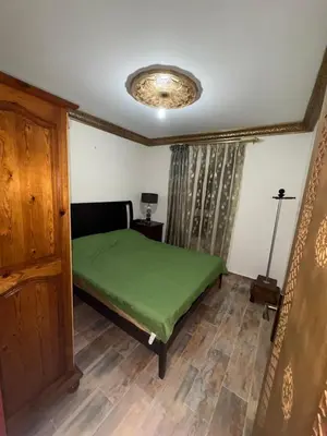a bedroom with a green bed and a ceiling at Appartement idéal pour la CAN à 5 min du stade Moulay Abdellah in Rabat