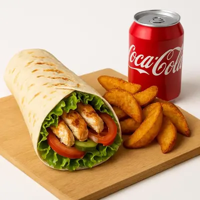 a sandwich and french fries and a can of coke at nouaceur prestige in Bouskoura