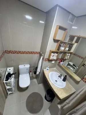 a small bathroom with a toilet and a sink at Opposite Train Station & Tram Modern Quiet & Meals Available in Casablanca