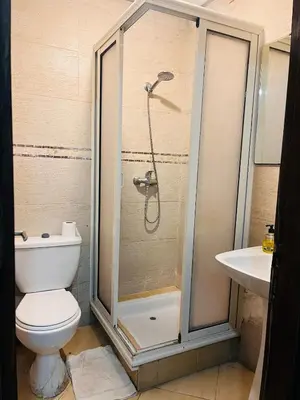 a bathroom with a shower and a toilet and a sink at 2 bedroom apartment with breakfast included in Casablanca