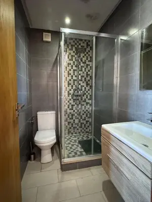 a bathroom with a shower and a toilet and a sink at Luxury apartments in Mansouria
