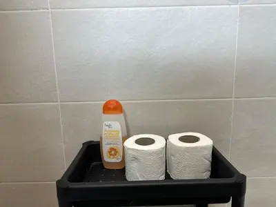 a shelf with two rolls of toilet paper and a bottle at Chic central Stay in Agdal in Rabat