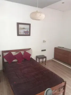 a bedroom with a bed with red pillows at Suite in nice résidence in Rabat