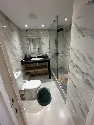 a bathroom with a toilet and a sink and a shower at Beautiful modern duplex - comfortable, good location in Casablanca