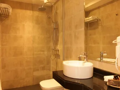 a bathroom with a sink and a shower at Smarts Hotel Agdal Rabat in Rabat