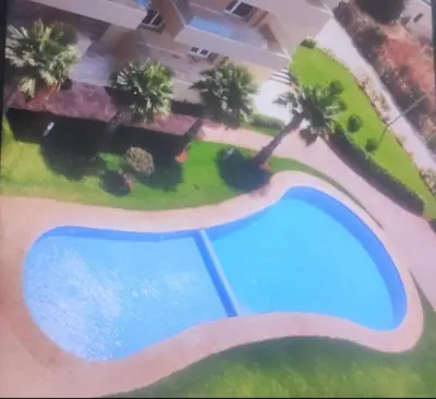 an overhead view of a pool in a yard with palm trees at appartments front mer in Bouznika