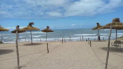 a beach with some straw umbrellas and the ocean at Savannah Beach D11 in Sidi Rahal