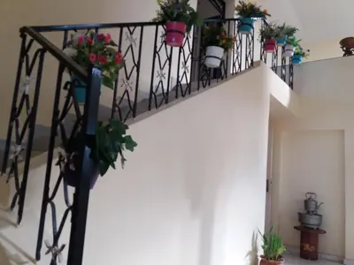 a staircase with potted plants on the railing at villa waresa in Derroua