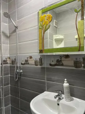 a bathroom with a sink and a mirror at Mohammed V Airport HOME in Deroua
