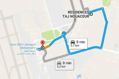 a map of the relocation of the rediscovered tram network at Taj nouaceur aéroport Mohamed V in Nouaseur