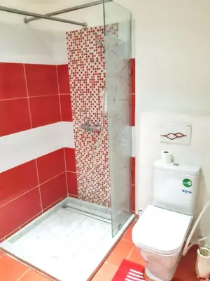 a bathroom with a shower and a toilet at Spacious apartment in Nouaseur of 167 m² in Nouaseur