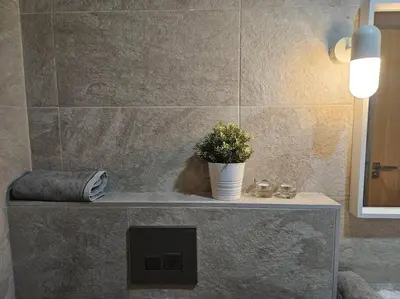 a potted plant sitting on a counter in a bathroom at Très bel appartement en face du parc, près du Novotel in Mohammedia