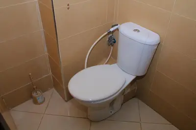 a bathroom with a white toilet in a corner at Les charmes de la Campagne de Bouznika in Bouznika