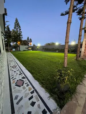 a park with a palm tree and a grass field at Villa Safaa Dar Bouazza in Dar Mouddene