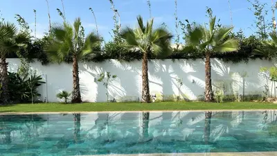a wall with palm trees next to a swimming pool at Skhirat VILLA Zhor in Skhirat