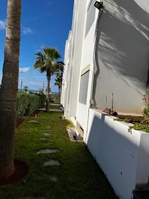 a white building with a palm tree next to it at Appartement front de mer avec piscine en face des plages privées in Dar Bouazza