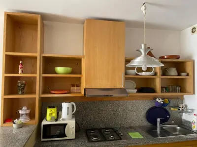 a kitchen with wooden cabinets and a sink and a microwave at Airport to Comme à la maison 2 in Derroua