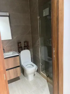 a bathroom with a toilet and a shower at Beaulieu du Park commode et paisible in Mohammedia