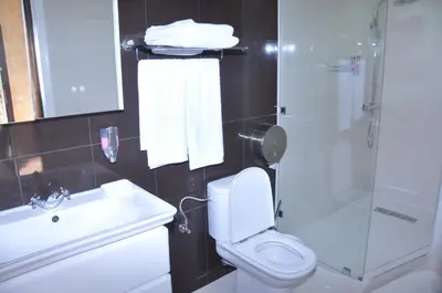 a bathroom with a shower and a toilet and a sink at Gite Nadia in Casablanca