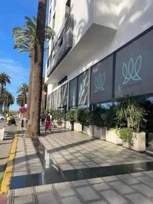 a facade of a building with a palm tree at Cozy New Studio in Mohammedia in Mohammedia